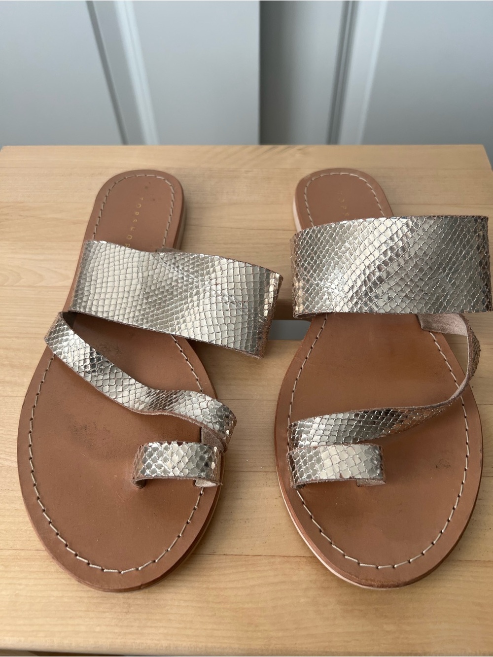 Topshop Gold Metallic Snake-Print Leather Slide Sandals - Picture 2 of 6